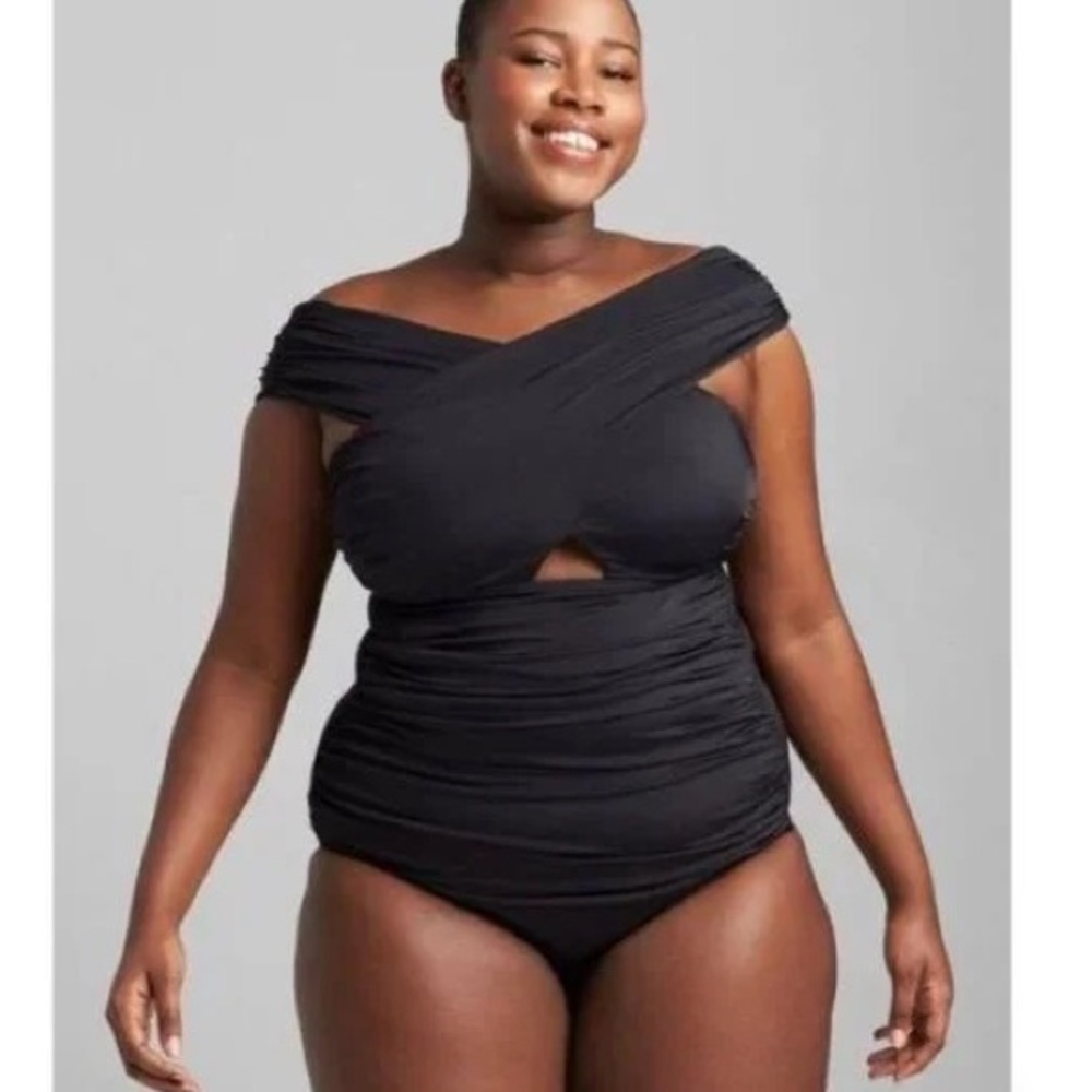 Lane Bryant Cacique Fitted Black Wrap-Over No-Wire Swim Tankini Top